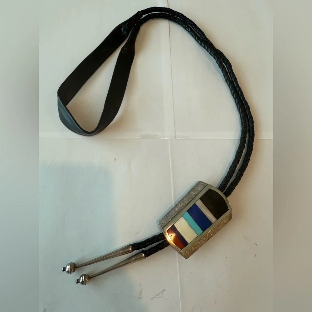 Tony Sanchez Sterling Silver Inlay Bolo Tie Turquoise Lapis Coral